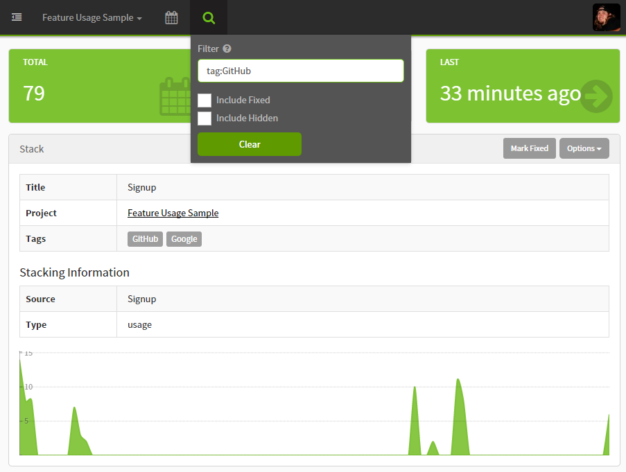 Exceptionless Feature Usage Filtering Searching