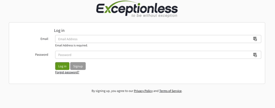 Exceptionless self-hosted login page