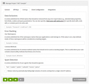 exceptionless project settings