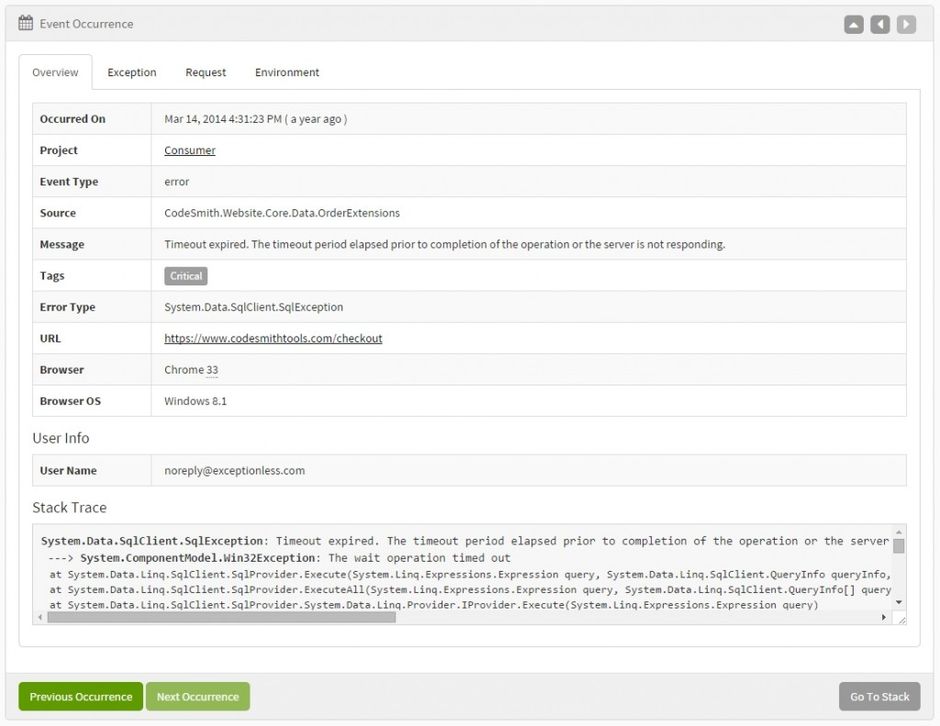 Exceptionless Event Occurrence
