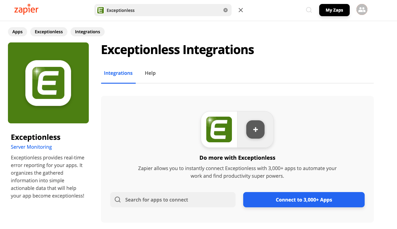 Zapier page for Exceptionless